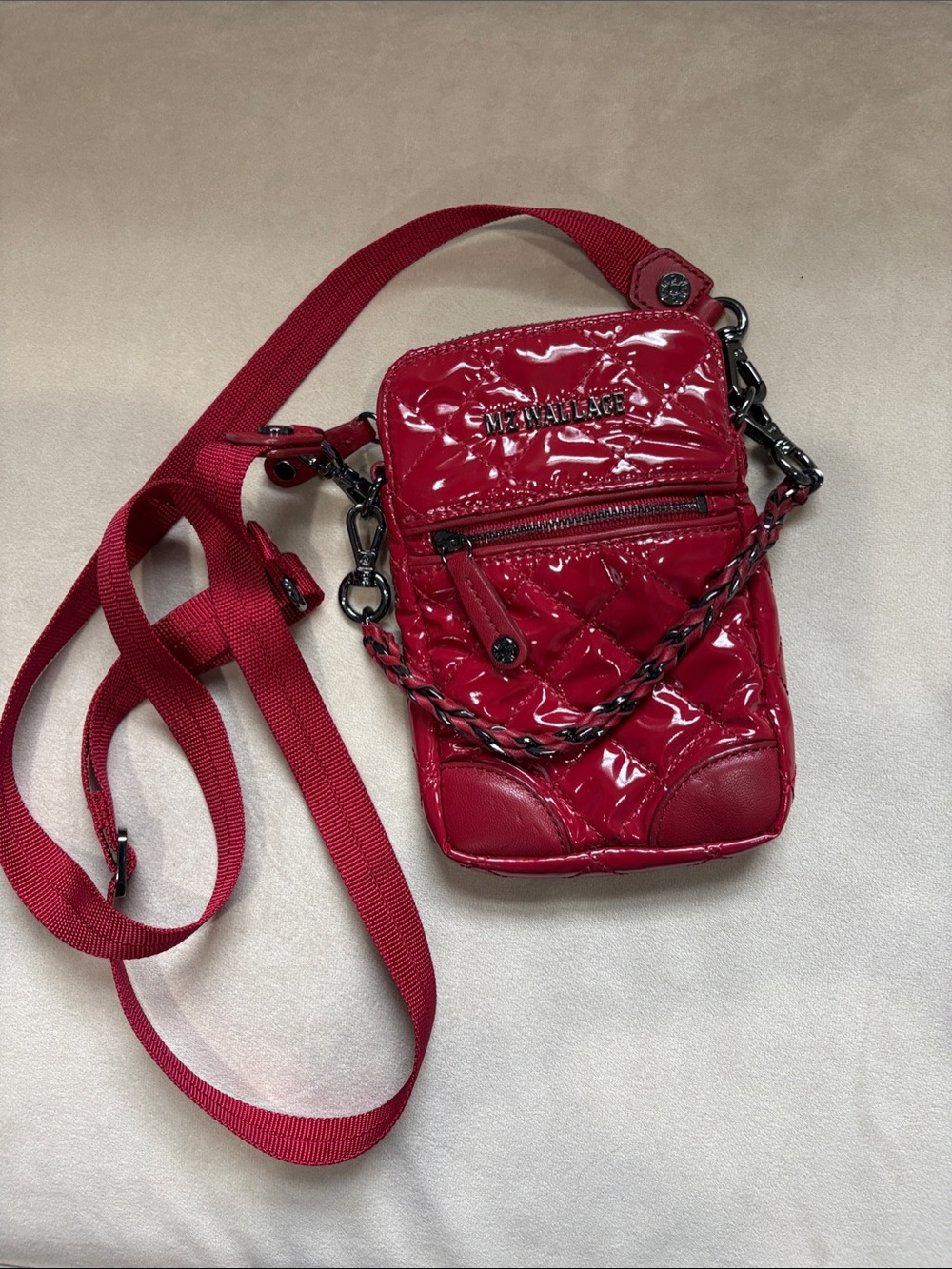 MZ Wallace Patent Quilted Mini Crossbody in Red with Chain Accent